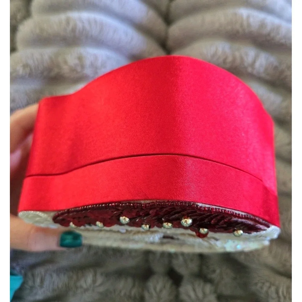 Santa Claus Beaded Sequin Trinket Box Red Satin Christmas Holiday Decor Handmade